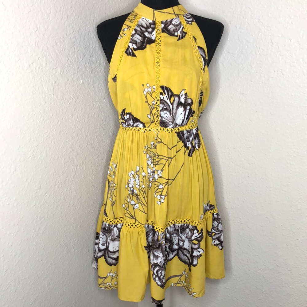 Jaase Yellow Floral Print Boho Open Back Sundress New
